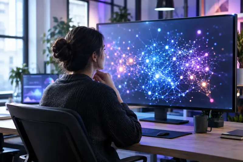 Data scientist studying a neural network visualisation on a large screen