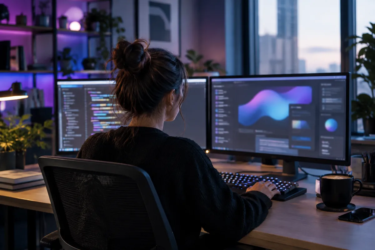 Software engineer writing code on two monitors