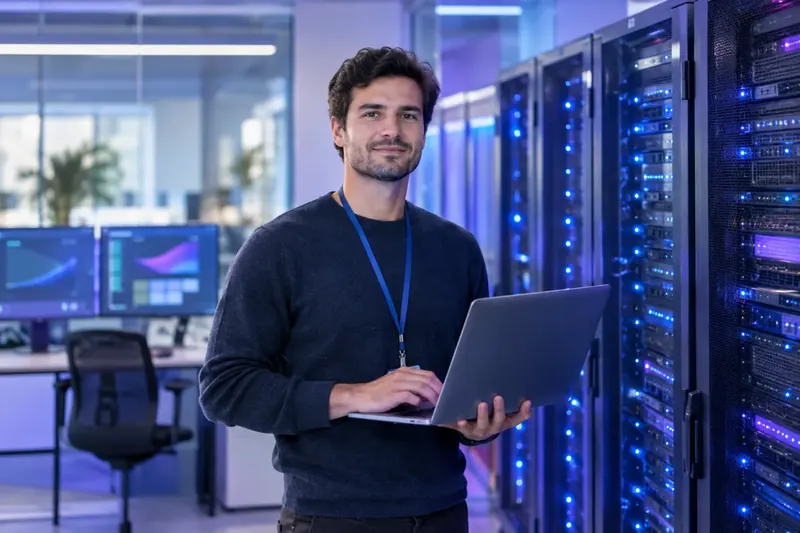 IT engineer with a laptop beside server racks
