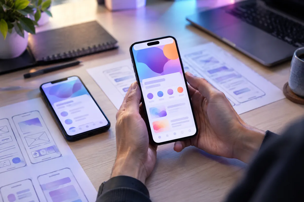 Hands holding a smartphone showing a mobile app, with app wireframes on the desk