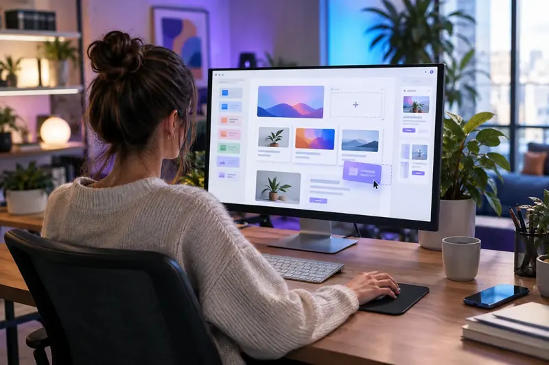 Designer building a website with drag-and-drop blocks on a large monitor
